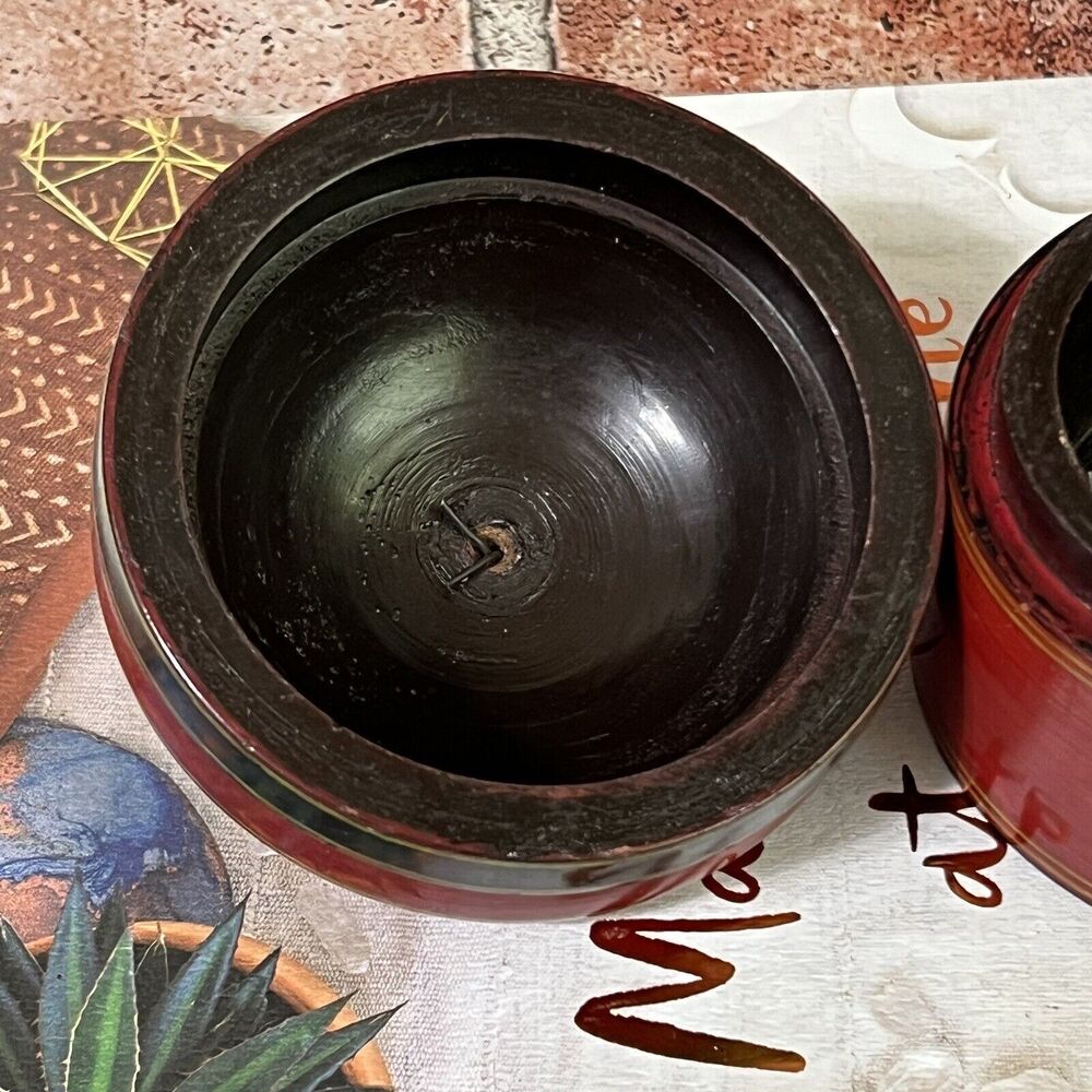 Vintage Wood Kumkum Lacquered Box Tika Powder Trinket Box Red Metal Pom Pom - Picture 17 of 17